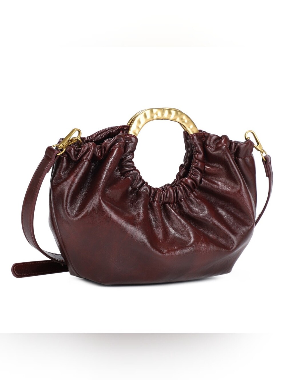 Women’s Wine Ruched Vegan Leather Handbag with Gold Handle